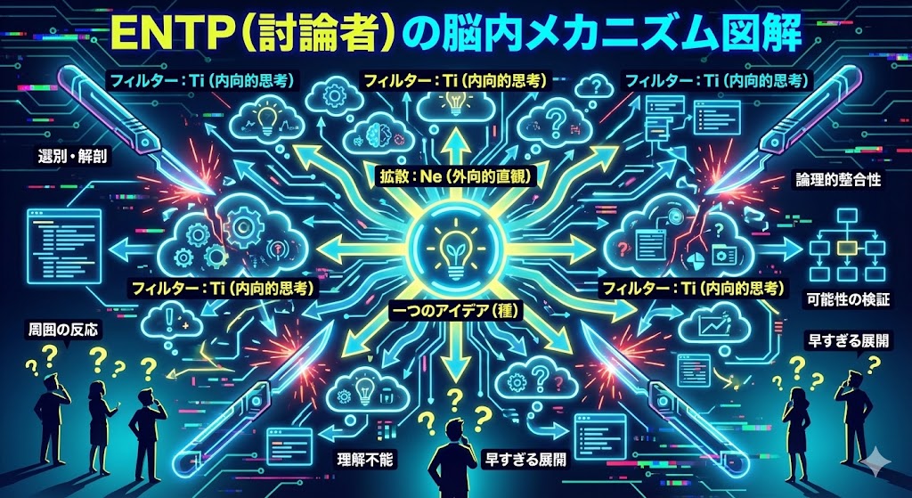 ENTP(討論者)の思考プロセス(Neによるアイデアの拡散とTiによる論理的分析)が、周囲の理解を超えていく様子を示した図解。