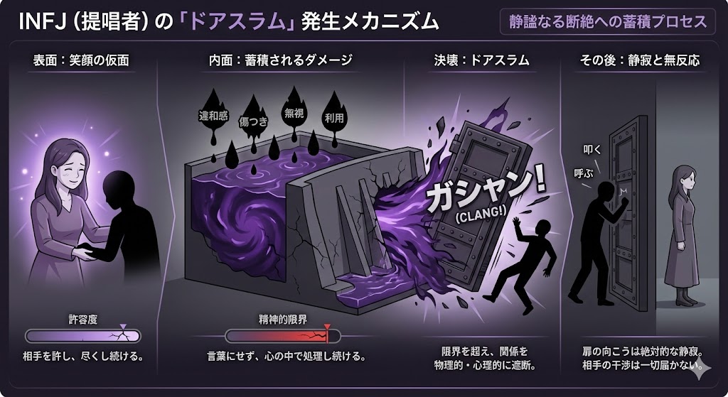 INFJ(提唱者)が我慢の限界を超えた瞬間に相手を完全に遮断する「ドアスラム」の心理プロセス図。