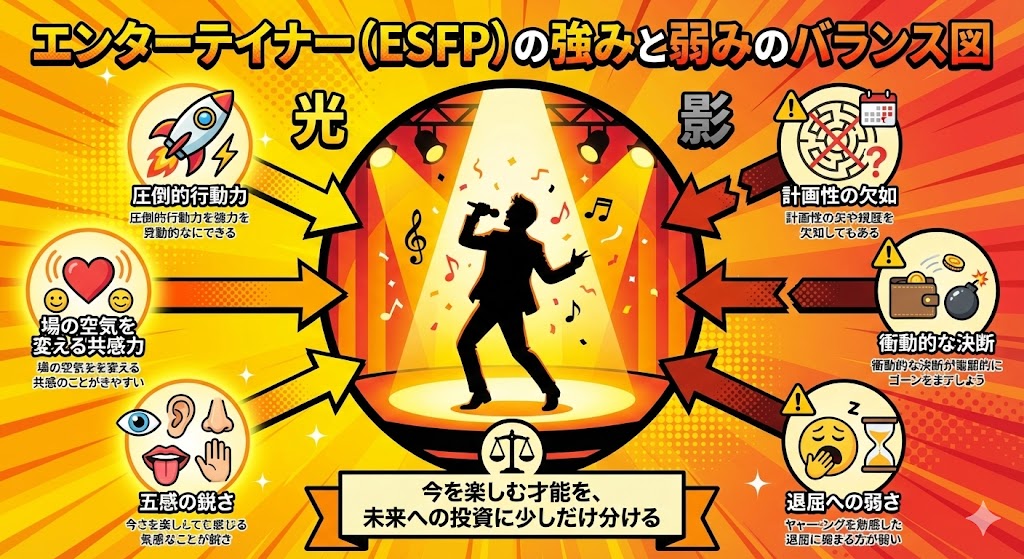 エンターテイナー(ESFP)の性格的な強み(行動力・共感力)と弱み(計画性不足・飽きっぽさ)を対比させたインフォグラフィック。