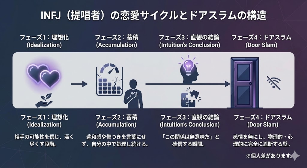 INFJ(提唱者)が恋愛で我慢を限界まで溜め込み、最終的にドアスラム(関係断絶)に至る心理プロセス図。