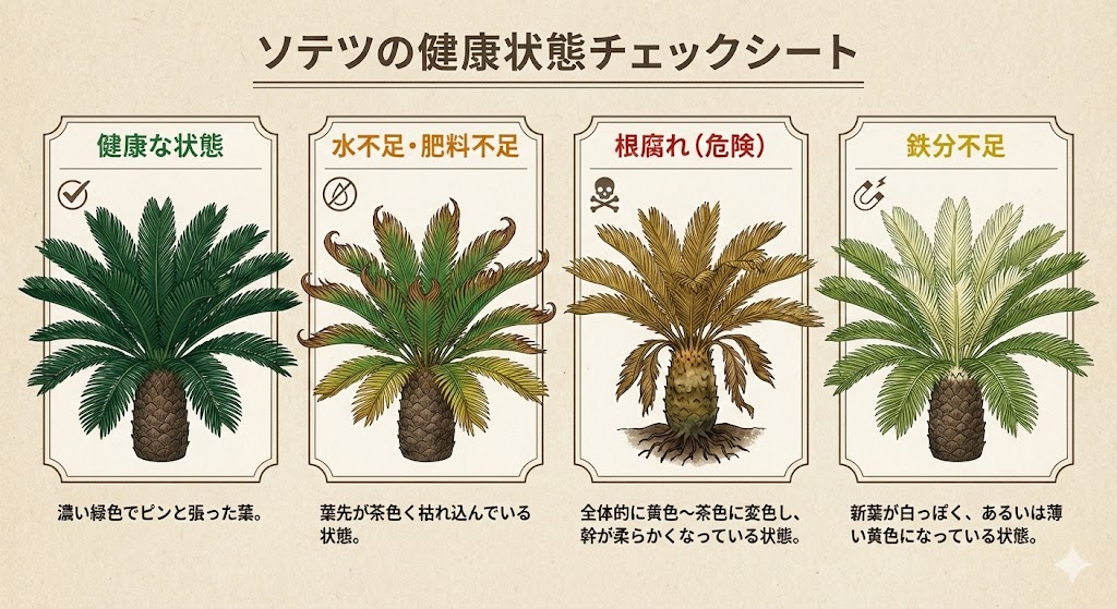 ソテツの葉の色でわかる健康診断チャート。緑(健康)、黄(根腐れ注意)、茶(乾燥)の比較。