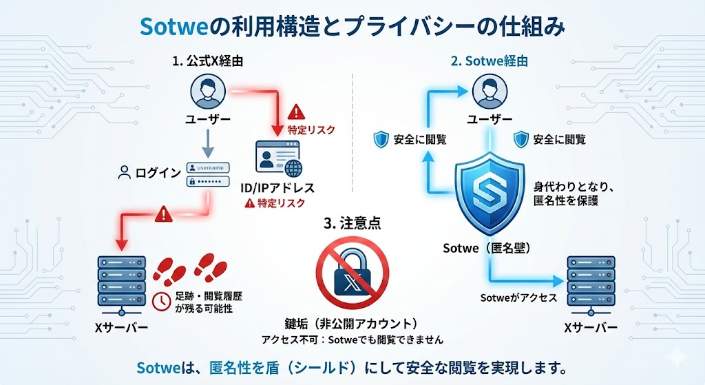 公式Xと外部ビューアーSotweの閲覧ルート比較図。Sotweを通すことで匿名性が保たれる仕組み。