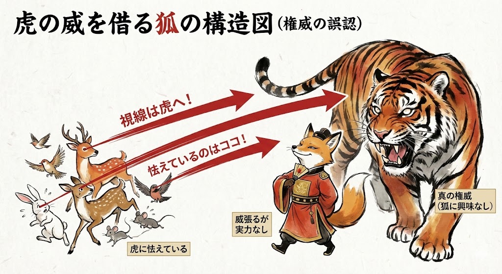 虎の威を借る狐の由来となった寓話の構造図。狐が虎の権威を背負って威張っている様子。